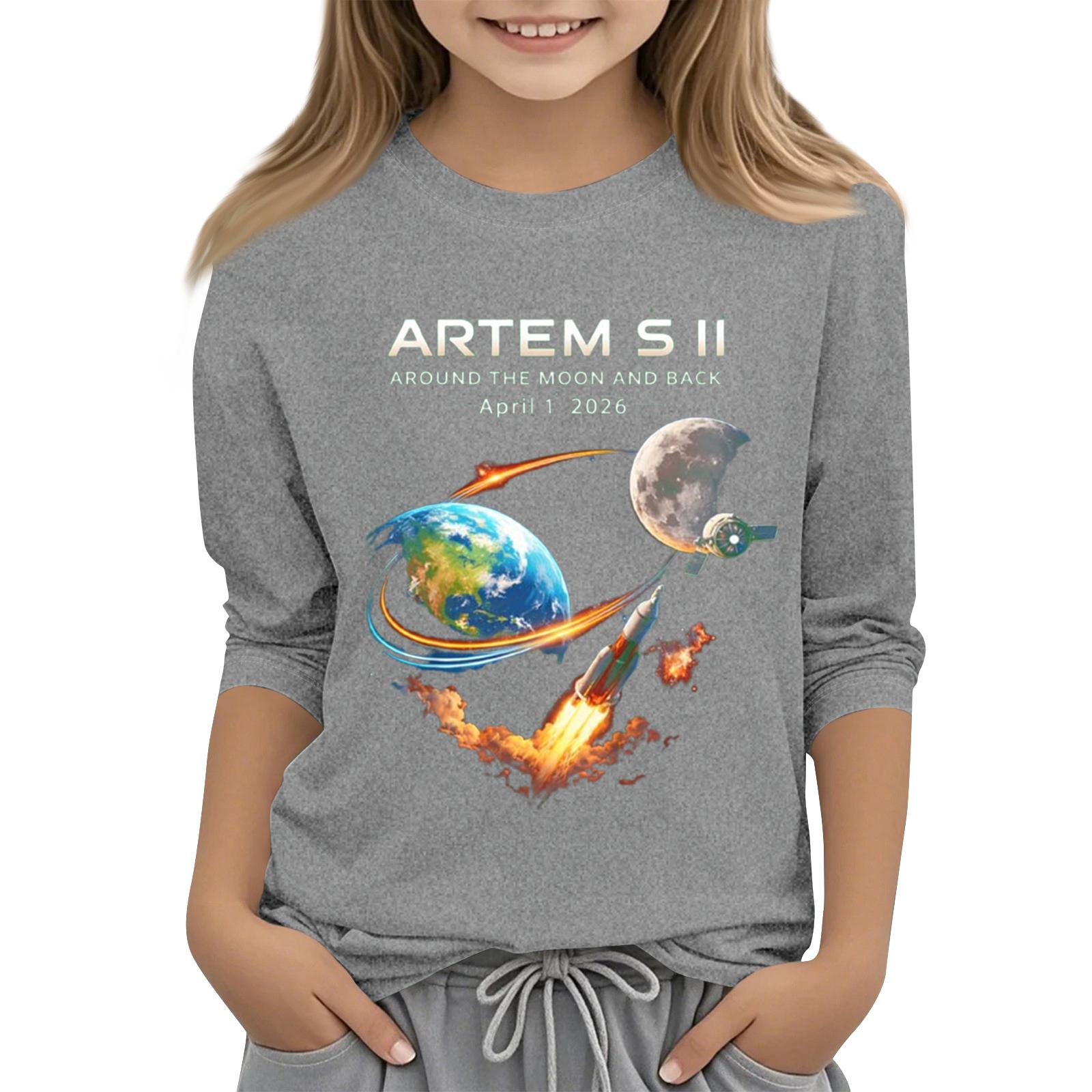 

Kids Crew Neck Three Quarter Sleeve Casual T Shirt Space Graphic Print Comfortable Fit Soft Fabric Children Tee for Everyday Wear 160