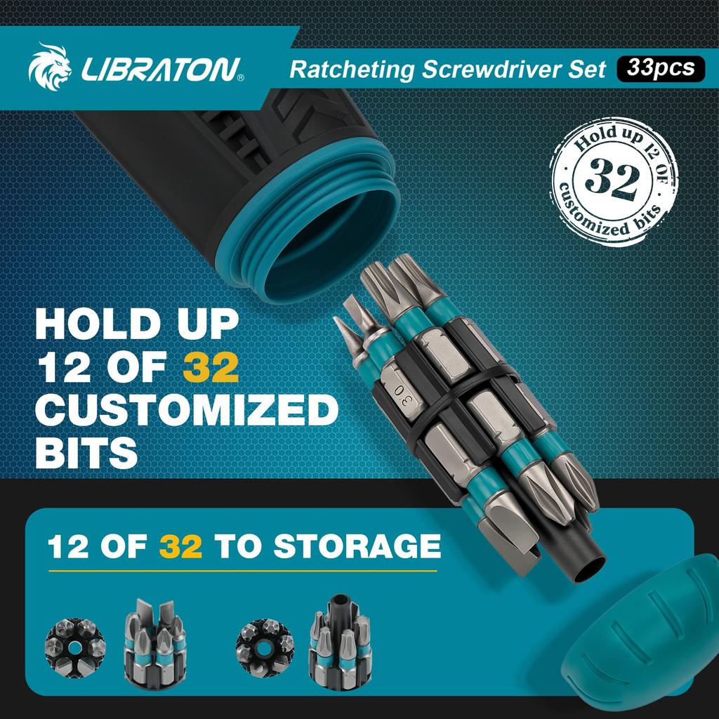 LIBRATON Magnetic Ratchet Driver Set with Interchangeable and Pozidriv Bits Set, 33-Piece Screwdrivers, Phillips, Flathead, Square, Hex, Torx,