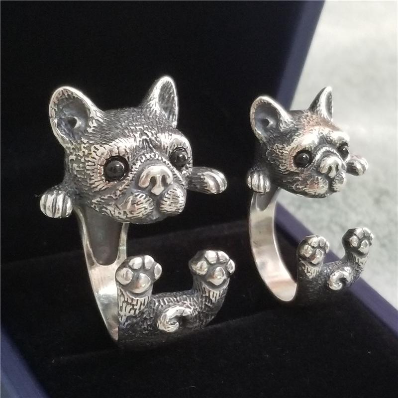 Retro Bulldog Puppy Ring For Men Women Cute Silver Color Adjustable Ring Pet Handmade Jewelry Accessories Unisex Gift For Lovers