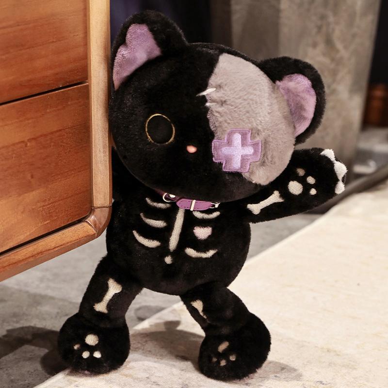 39cm Darkness Skeleton Cat Plush Toy Stuffed White Black Cartoon Animal Halloween's Day Party Decor Gift
