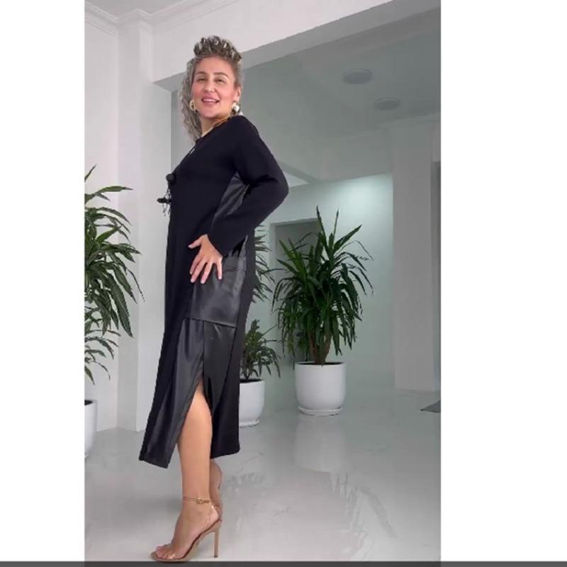 HNXC Women's Fashion Autumn Winter Solid Color Print Long Sleeve O-Neck Casual Dresses