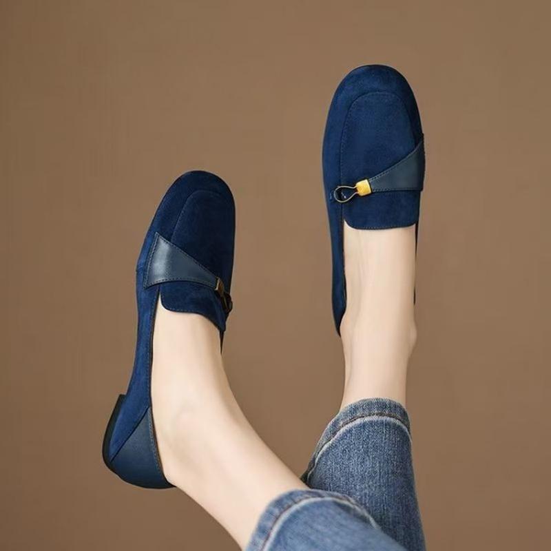 British Style Suede Square Toe Loafers Metal Decor Low Heel Pumps Versatile Retro Office Shoes for Women  34EU/CN35