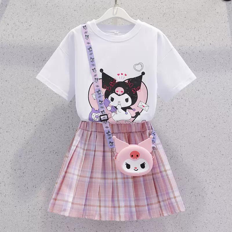 Girls' 2024 Summer JK Style Skirt Set: Korean Cartoon Top with Pleated Skirt Two-Piece Trendy Outfit