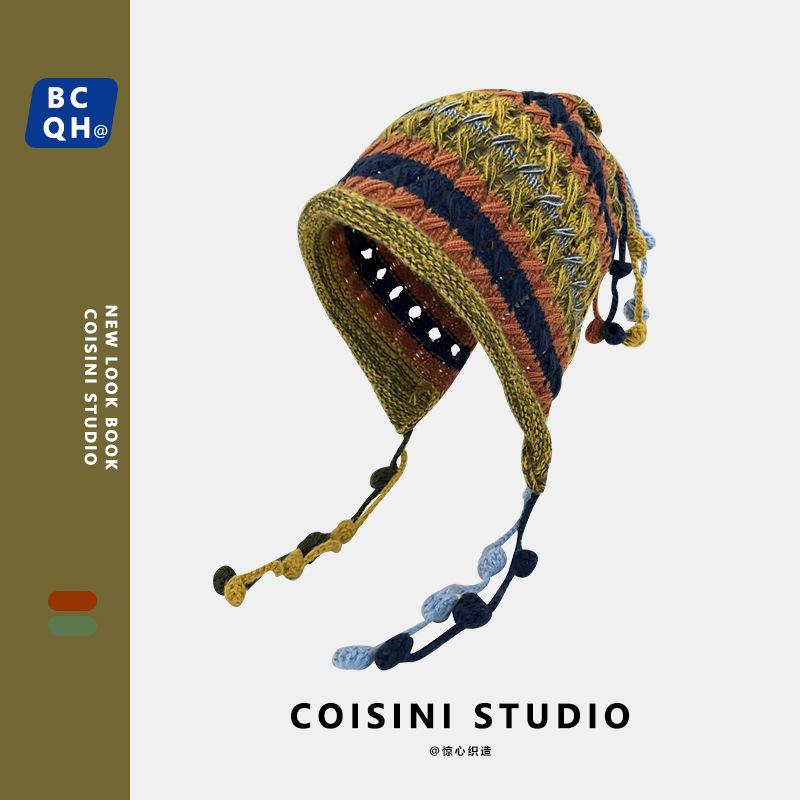 

Korean version of fashion designer handmade crochet colored ball wool hat women s lace-up fringed pullover cold hat M（56-58cm）