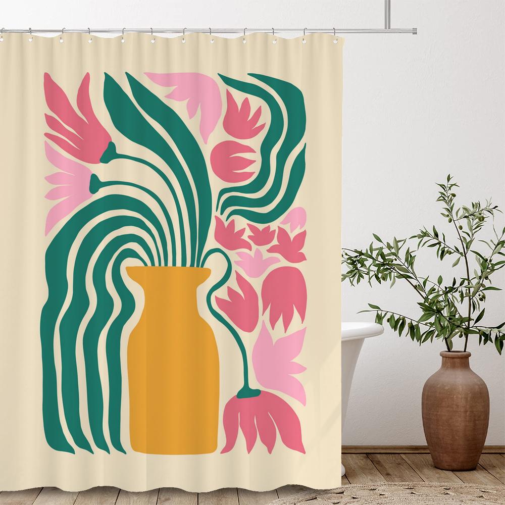 Artistic Abstract Plants and Flowers Print Shower Curtain Polyester Fabric Bath Curtain With Hooks Curtains For Bathroom Decor
