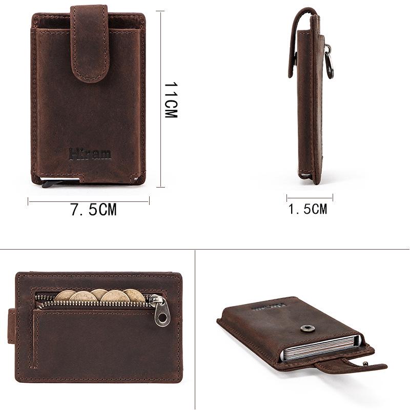 Crazy Horse Leather Anti-Theft Card Holder with Automatic Aluminum Alloy Slot and Zippered Coin Purse