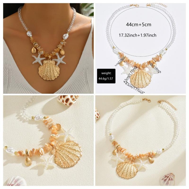 Summer Shell Starfish Conch Pendant Necklace For Women Transparent Crystal Bead Necklace Vacation Style Jewelry Accessory