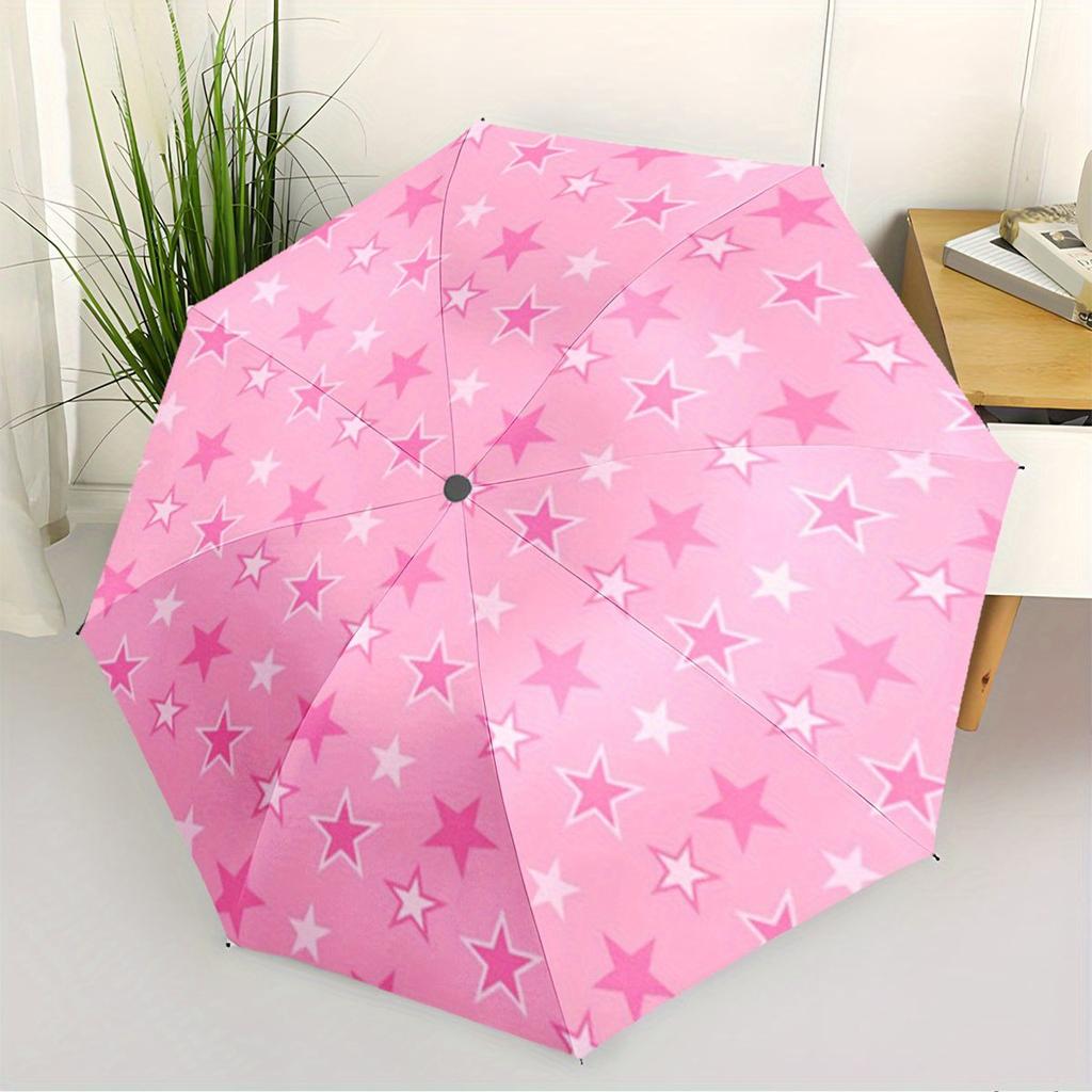 Automatic Folding Umbrella Pink and White Stars. Portable Collapsible Design, Casual Outdoor Accessory, Christmas Birthday Fes