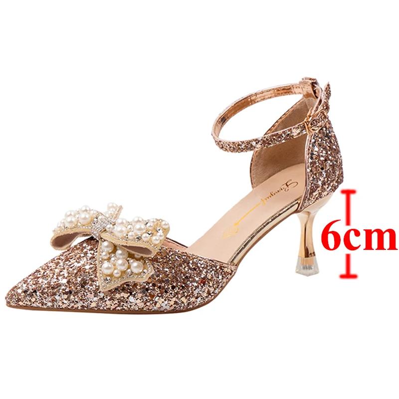 

2026 New Pearl Bowtie Thin Heels Wedding Shoes Women Bing Shiny Ankle Strap Pumps Woman Sexy Pointed Toe Sequins High Heel Shoes 34