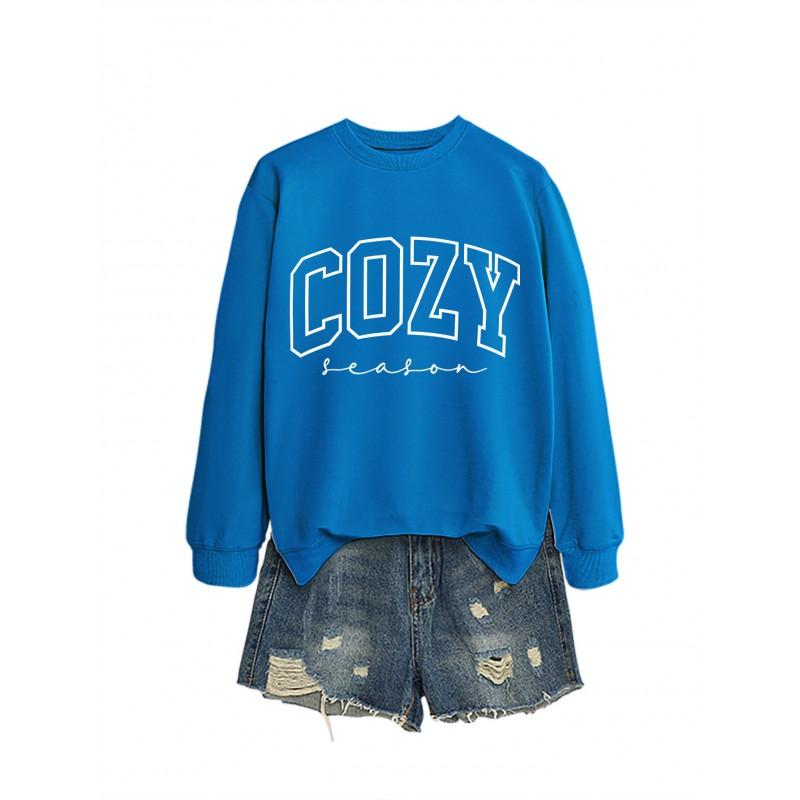 Womens Cozy Casual Round Neck Long Sleeve Cotton Sweatshirt With Letter Print Loose Fit