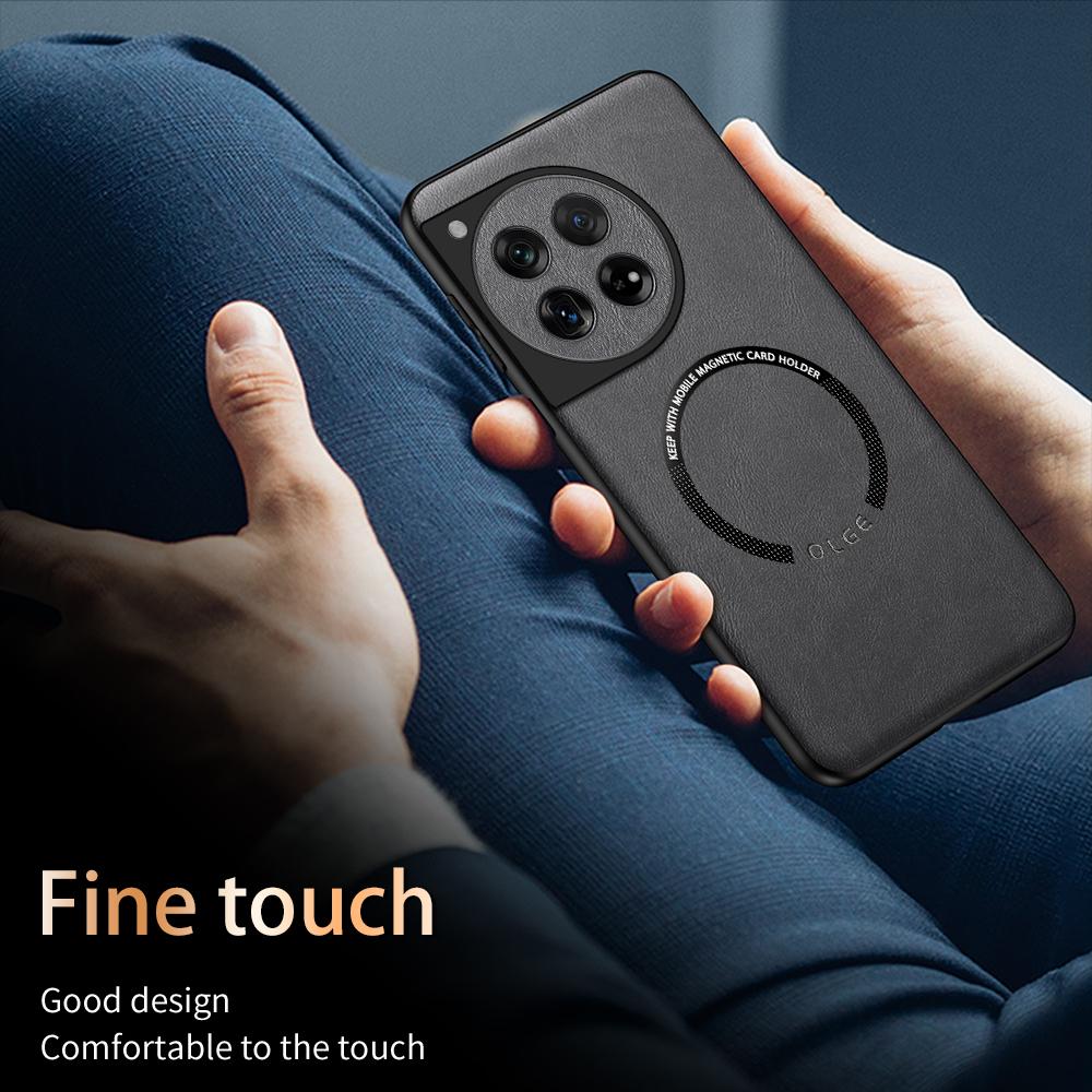 For OnePlus 13 12 11 Fine-hole PU Cow Pattern Leather External Magnetic Ring Soft Edge Anti-drop Anti-fingerprint Phone Case