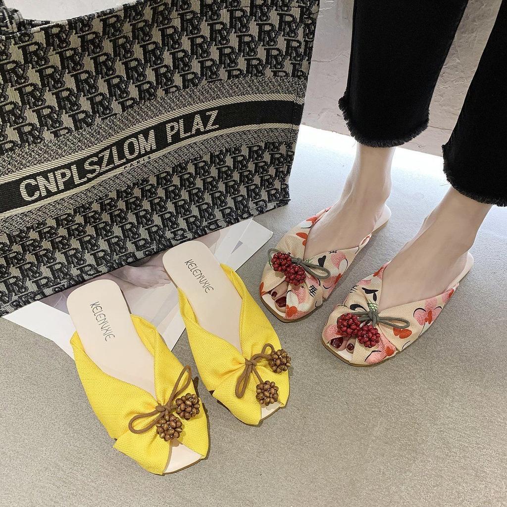 Fashion Sandals with Bow Flat Shoes for Women Printing Woman Mules Slippers on Sale Wholesale Vip Korea Style Chic and Elegant 39 Slides
