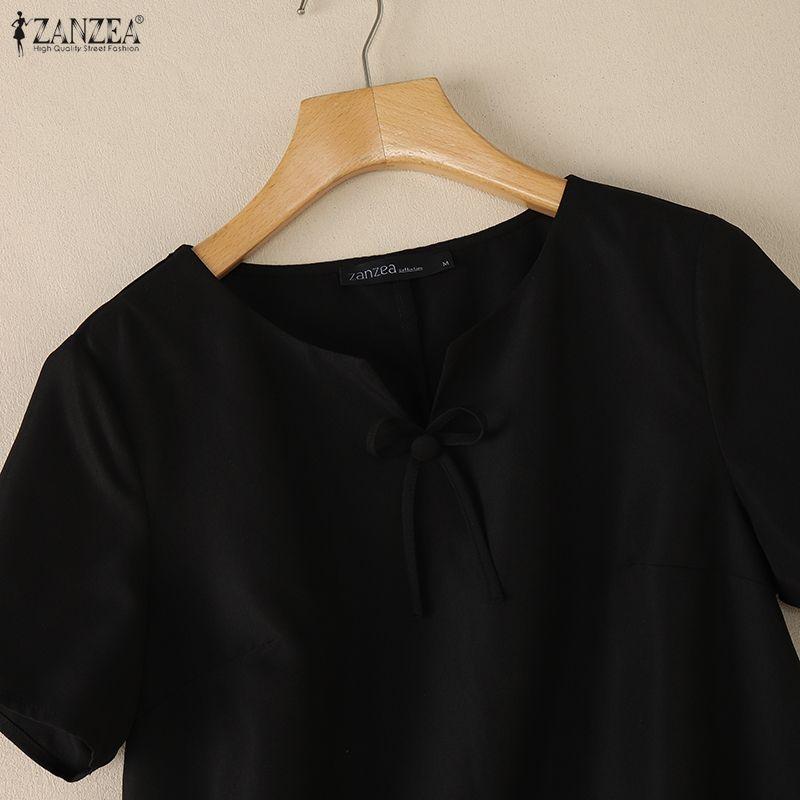 ZANZEA Damen Lässig V-Ausschnitt Einfarbig Locker Kurzarm Bluse