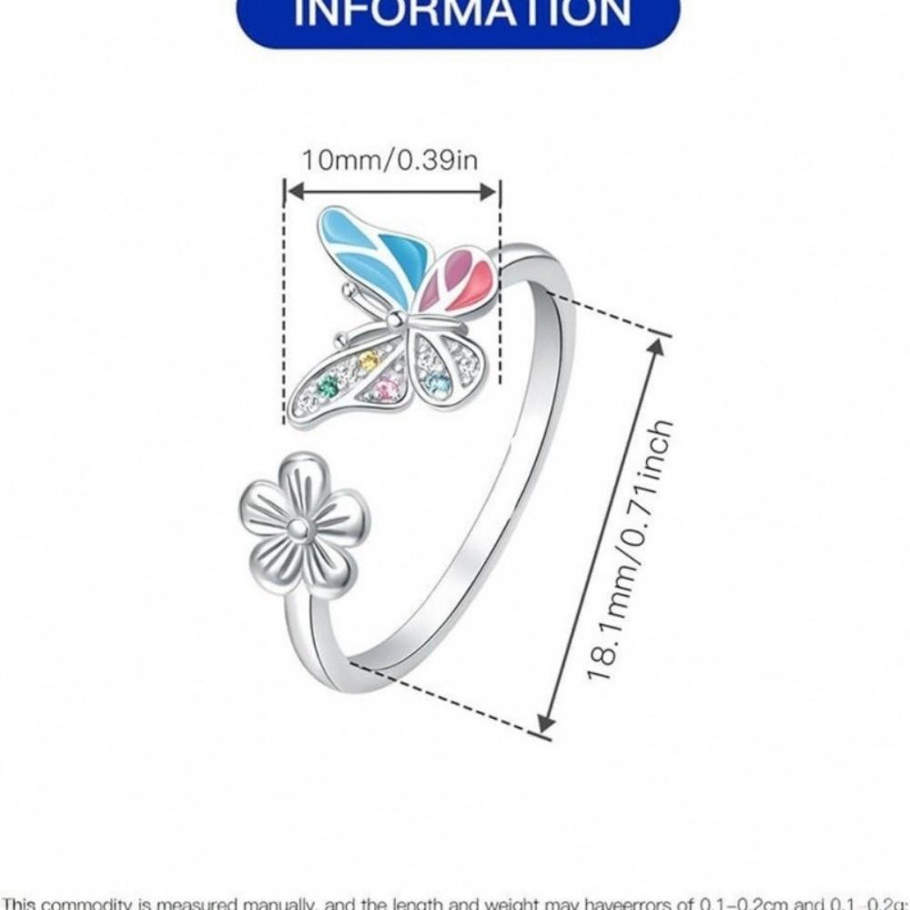 Female White Zircon Stone Rainbow Enamel Butterfly Flower Adjustable Open Ring Vintage Rose Gold Silver Color Jewelry For Women