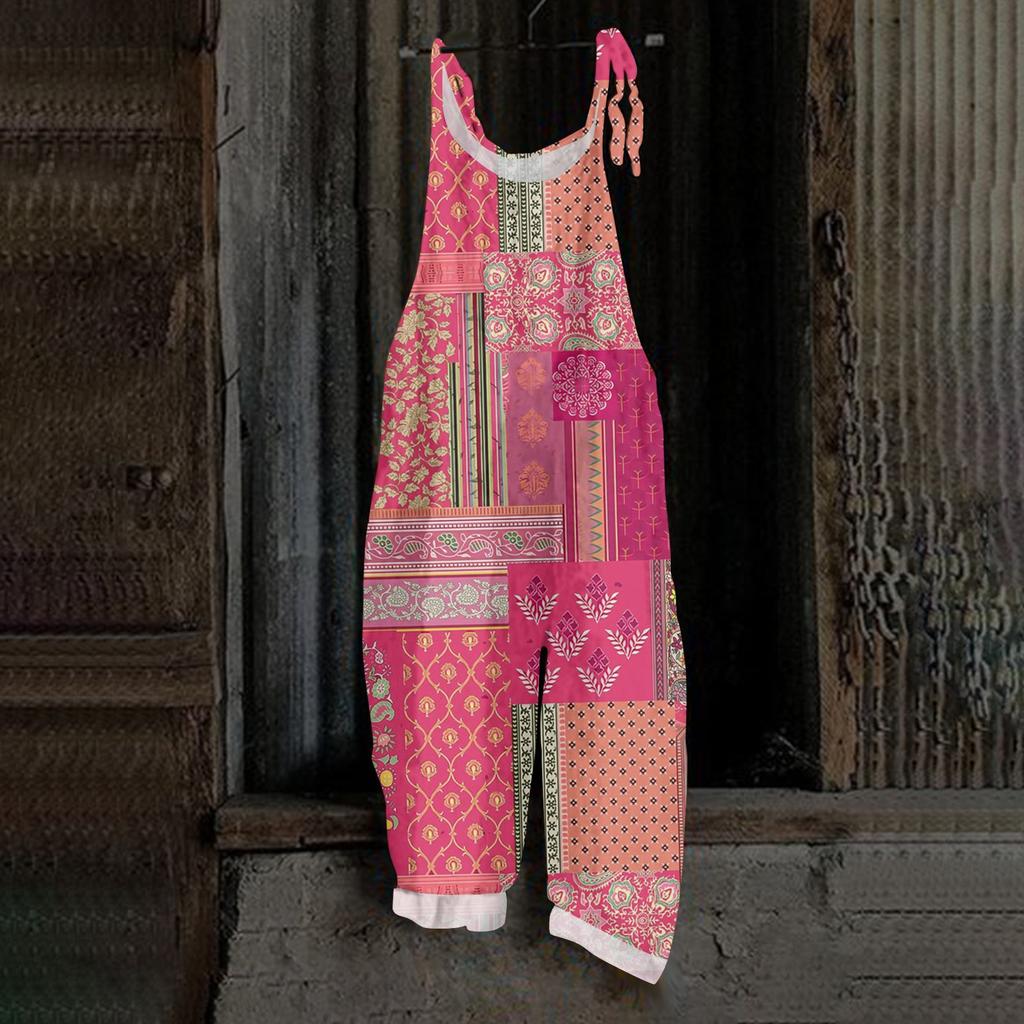 Women's Jumpsuit Floral Vintage Print Casual Loose Retro Cotton Linen Back Pants