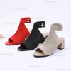 Knit Mesh Peep Toe Block Heel Sandals Breathable Ankle Strap Summer Boots Comfortable Female Shoes Fashion Casual Daily Wear