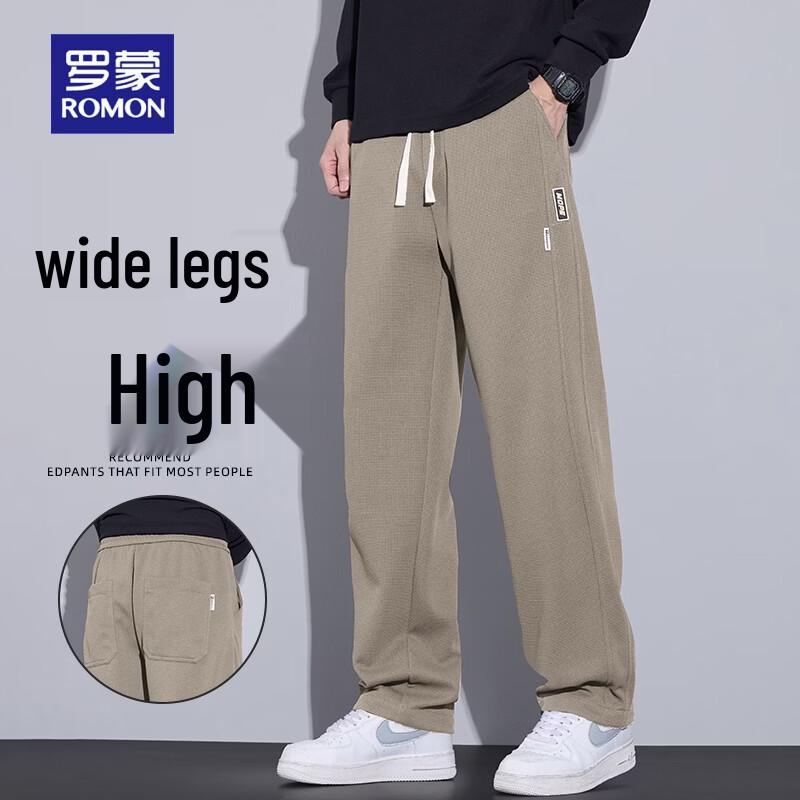 ROMON Men s Waffle Texture Wrinkle-Free Loose Straight Casual Pants M