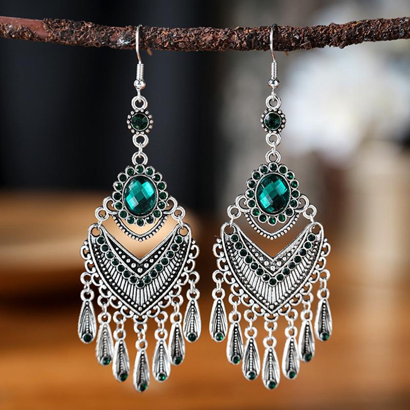 Bohemian Ethnic Colorful Rhinestone Acrylic Drop Earrings for Women Vintage Long Antique Silver Color Tassel Earrings Jewelry