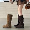 2025 Winter New Round Head Inner Slope Heel But Knee Thin Tall Knight Women's Belt Buckle Western Boots
