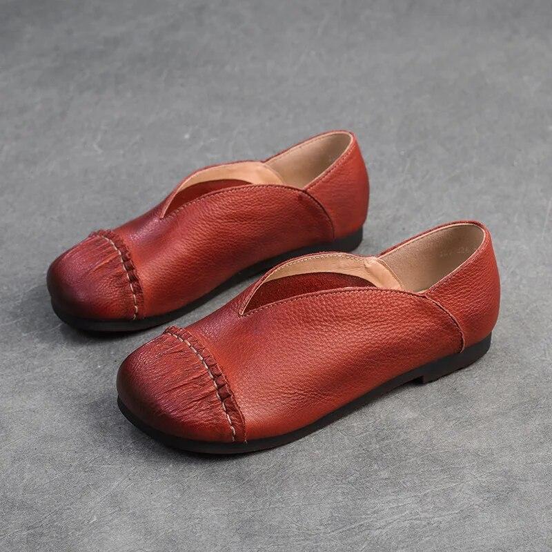 Johnature Retro Genuine Leather Flat Shoes Round Toe Soft Sole Casual Solid Color Women's Slip-on Shoes