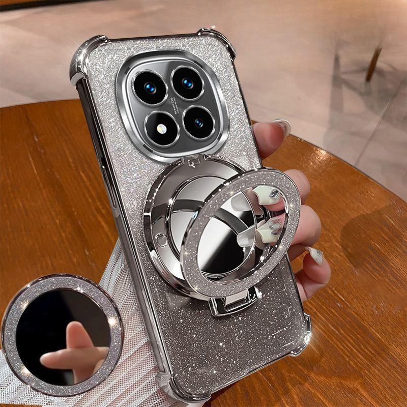 Magnetic Mirror Bracket Glitter Phone Case For Xiaomi Redmi Note 14 15 Pro Plus 15 15C 14C 14S 4G 5G Plating Shockproof Cover