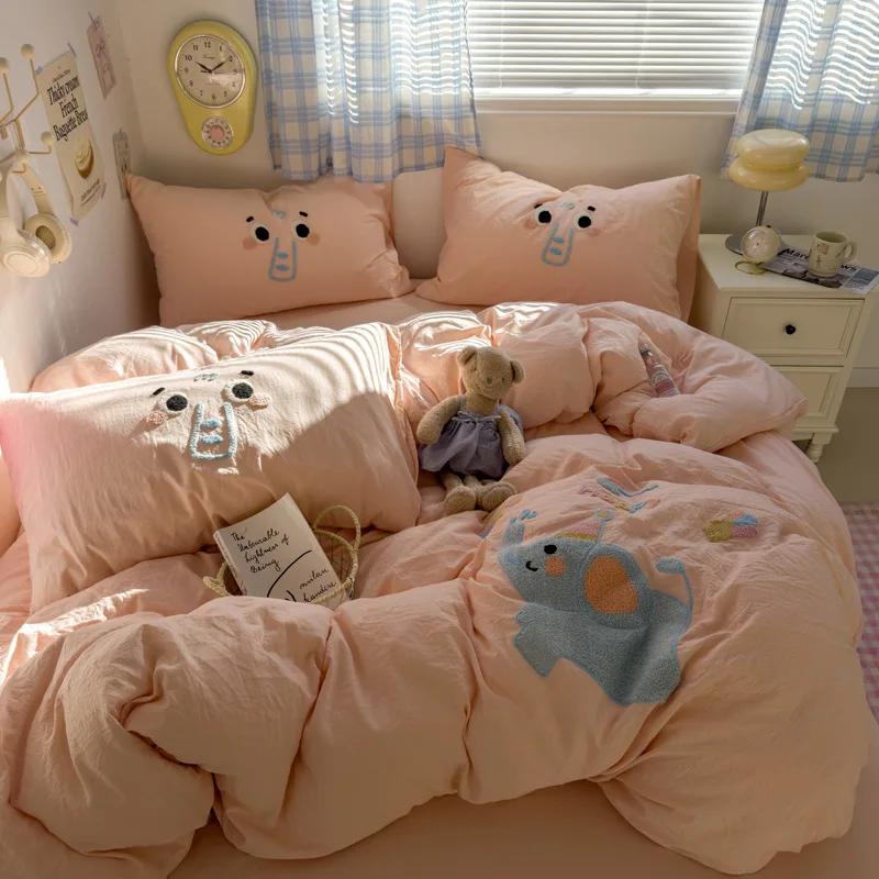 New Student Cartoon Washed Cotton Towel Embroidered Three or Four-piece Set Bed Sheet Quilt Cover Mattress Bedding