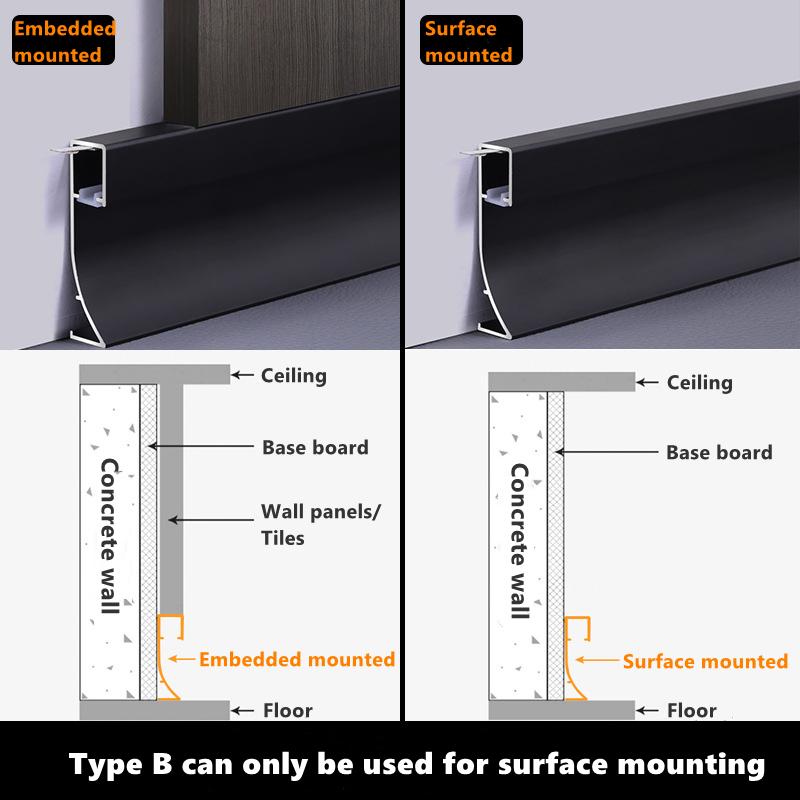 1m H50/80mm LED Baseboard Aluminium Profile Suface Mounted Hard Bar Light Channel Metal Wall Skirting Linear Lamp Milky Cover