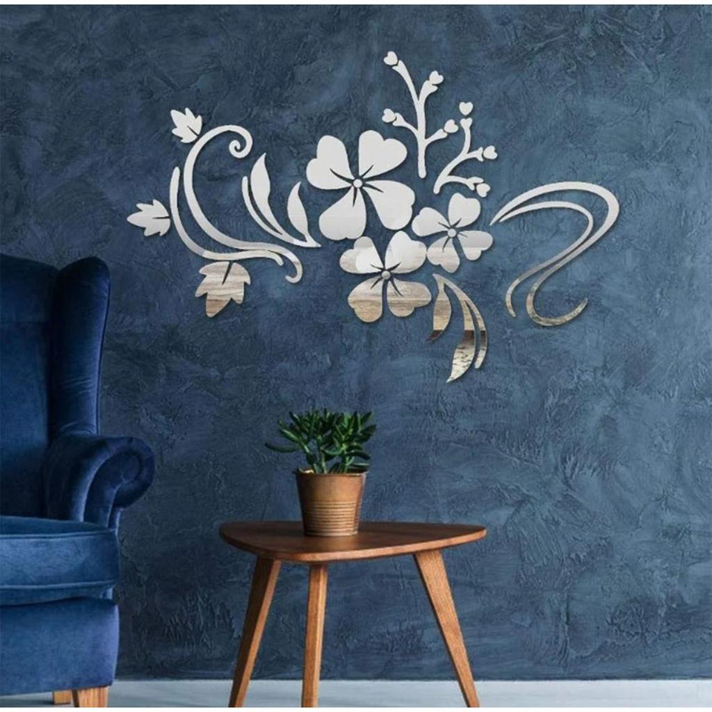 3D Mirror Mural Stickers Hibiscus Shaped Silver Acrylic Wall Sticker Decoration for Living Room
