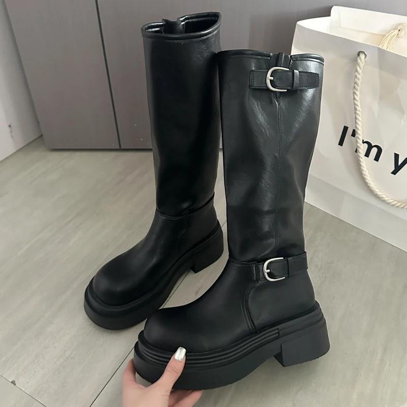 Long Women Boots Flats Platform Knee High Shoes Fad Goth Chelsea Boots  Winter Trend New Motorcycle Boots Punk Mujer Botas