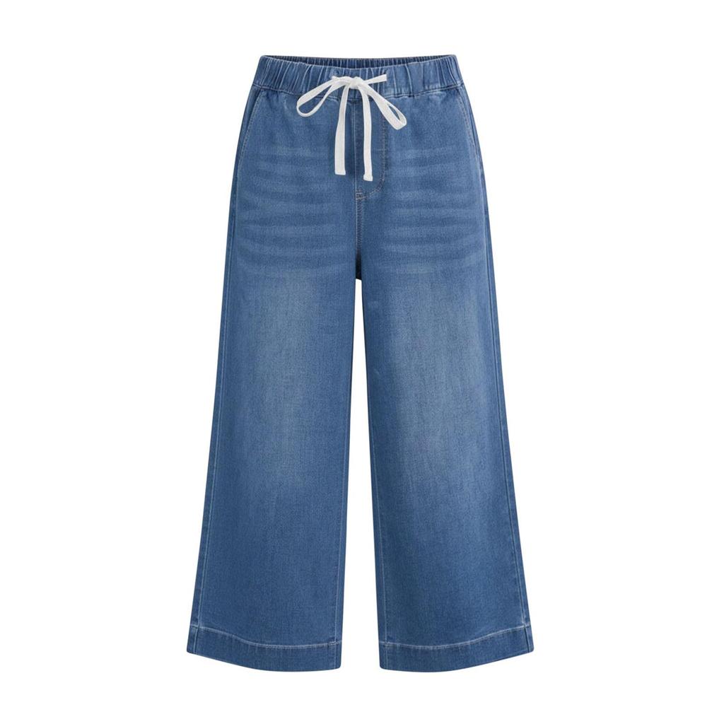 Women’s Denim Wide Leg Cropped Pants with Drawstring Waist Straight Fit Casual Seven Eighth Length Jeans for Everyday Wear