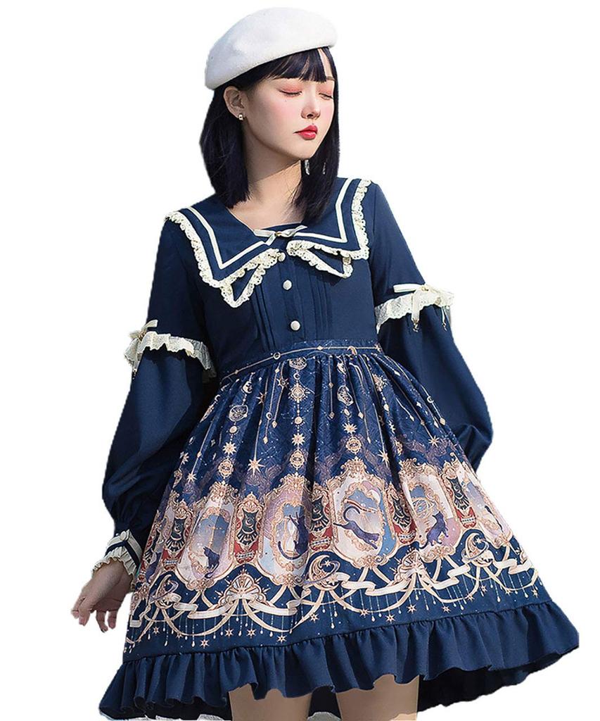 Milky Time Classic Lolita Dress, Long Sleeves, Cat Design, Sailor Collar, Navy, Cosplay Costume, Women's, Medium (Navy, M)