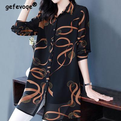 Neue Sommer Weiche Bequeme Bluse für Damen Revers Knopfleiste Locker Lässig Chiffonhemd Bedruckt Langarm Midi Strickjacke