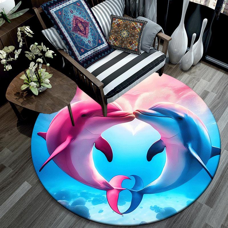 1pc Soft, Absorbent & Non Slip Kissing dolphins Round Rug Soft Circle Rug for Living Room & Bedroom Decor, Chair Mats, and Unforgettable Hom
