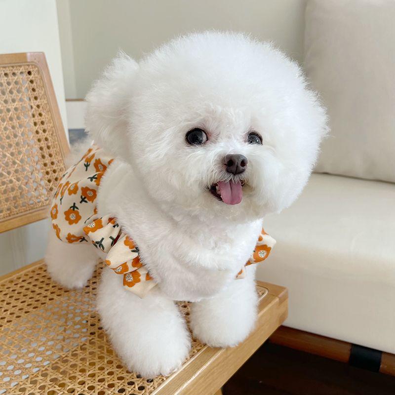 Pet Flower Dress Dog Clothes Autumn Winter Plush Fly Sleeve Cardigan Skirt Teddy Bear Dog Cat Plush Coat Puppy Small Dog Dress