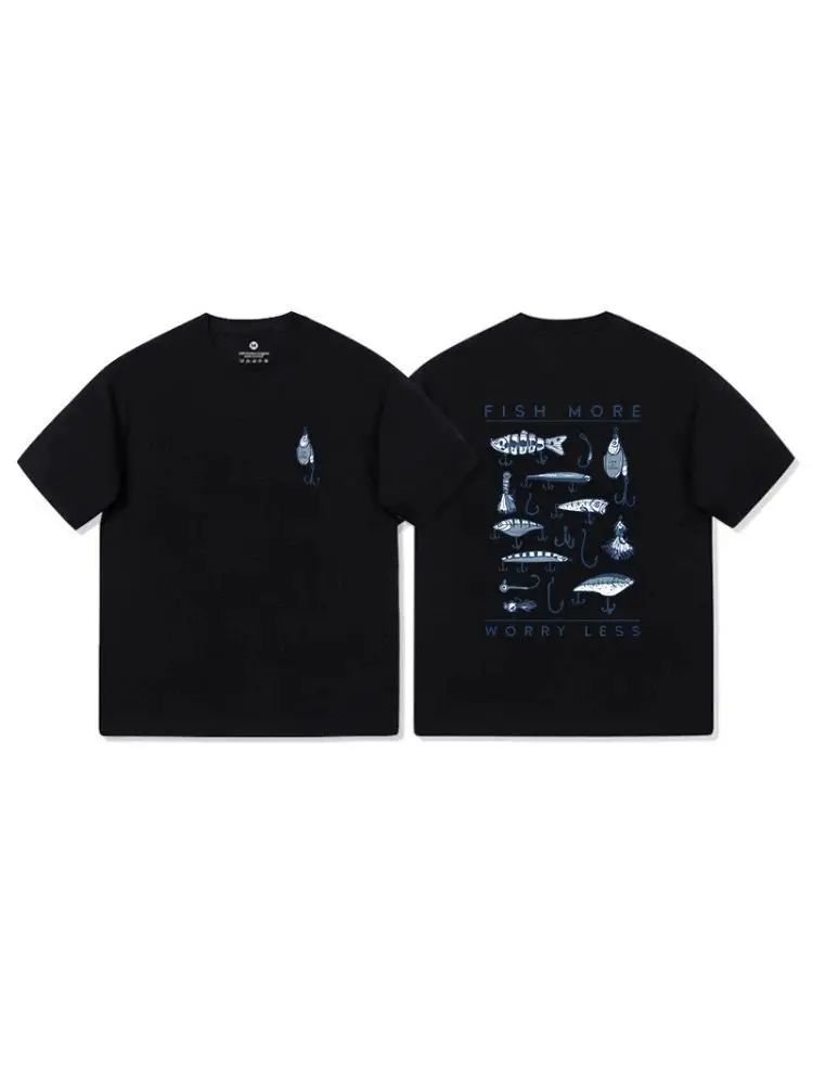Fishing Lure Print with Blue Graphic Design Fish More Worry Less White Black Maroon T Shirt Unisex Cotton Casual Outdoor Outfit S