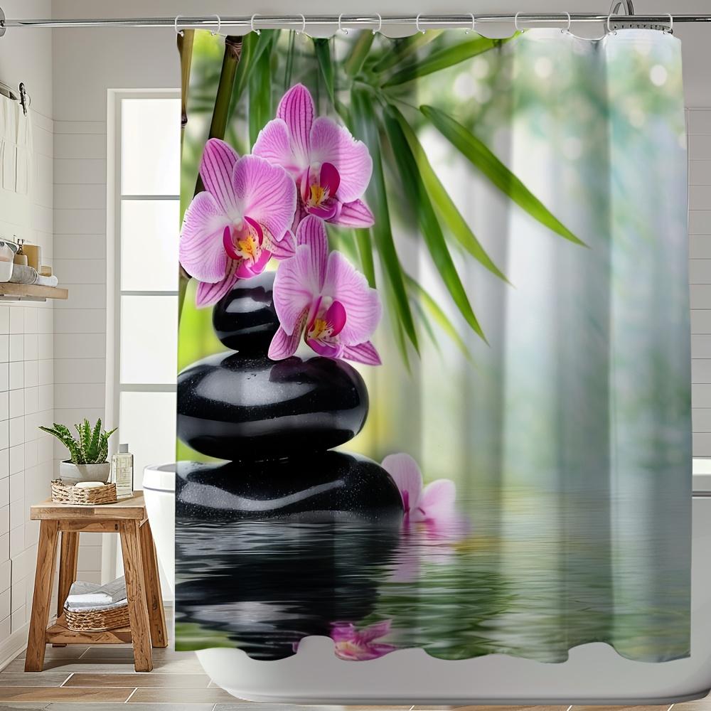 Pink Orchid And Zen Stones Shower Curtain Waterproof Easy To Clean Privacy Protection Print Spa Design Peaceful Nature 12Hooks