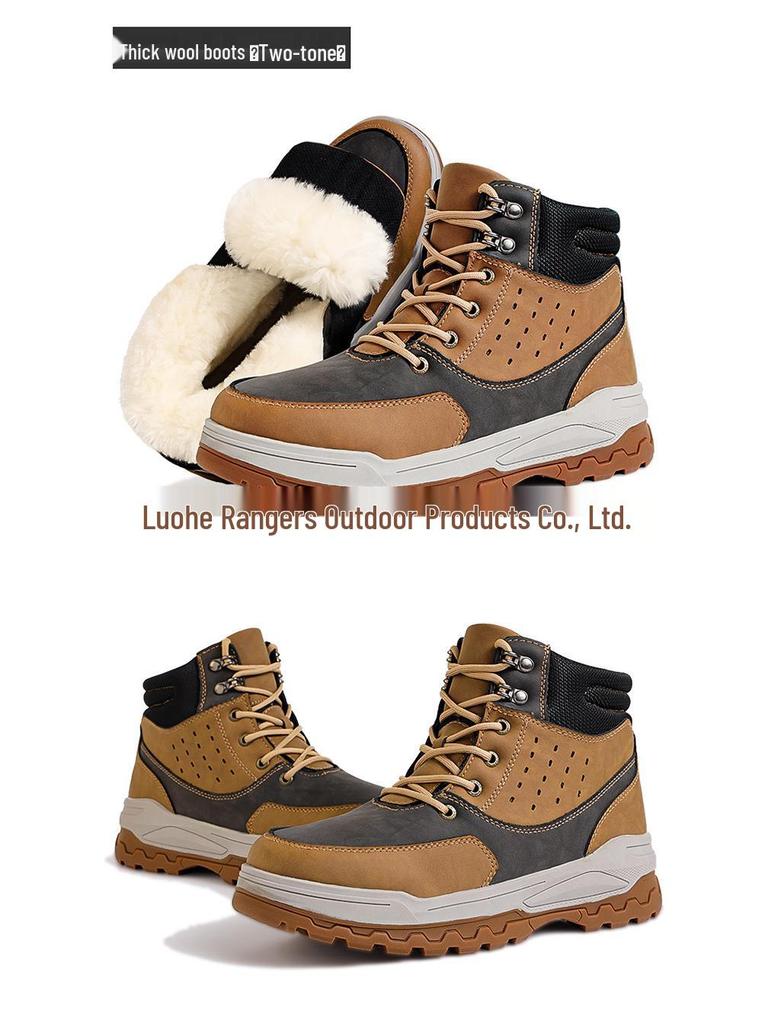 מגפי שלג חורפיים מרופדים בפרווה לגברים - עבים, חמים, מונעי החלקה, עמידים לקור, נעלי כותנה לחוץ.