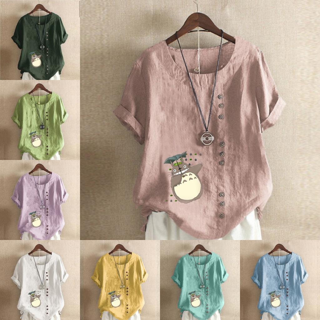 Women's Fashion Cartoon Characters Prined Short Sleeve T-shirt Loose Cotton Shirt Casual Loose Summer Blouse Tops Plus Size