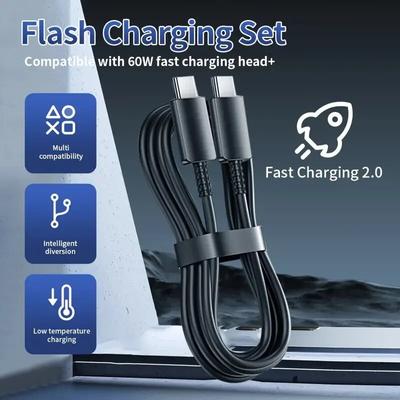 Cabo de Carregamento Rápido USB C para Tipo C de 60W Para Samsung Galaxy S23 S22 S21 S20 Ultra Plus Note 20 10 Cabo de Dados Rápido para Telefone