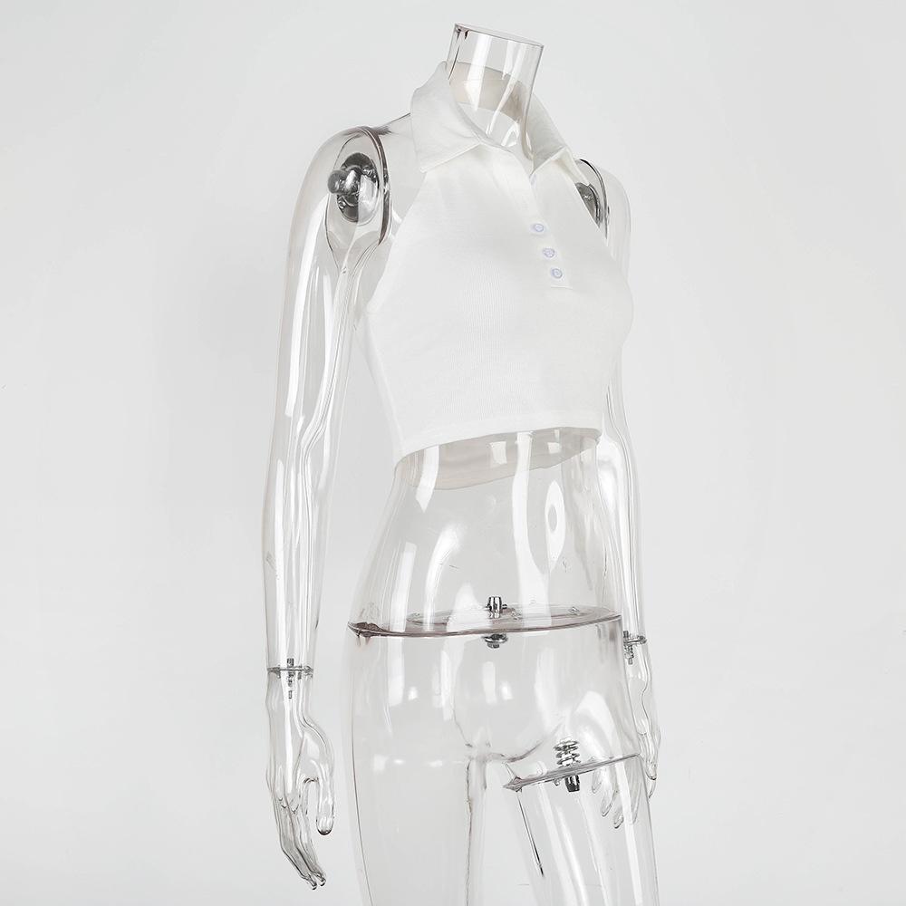 Sexy Knopf Tief V-Ausschnitt Ärmellos Sommer Weißes Crop Top Rückenfrei Damen Neckholder Tanktop Club Streetwear Lässige Oberteile