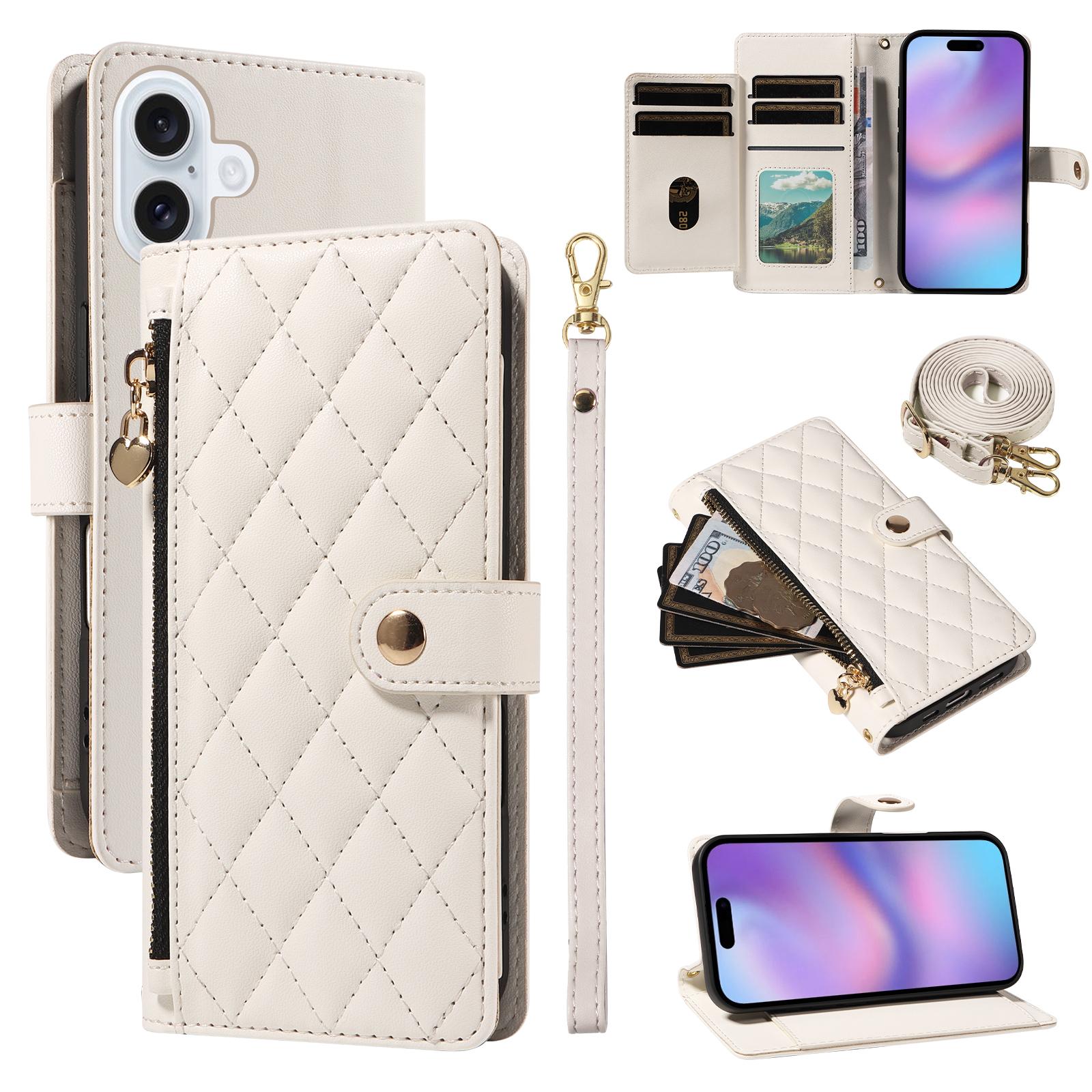

For iPhone 17 Wallet Case with Straps,Rhombus Leather Stand Phone Cover White