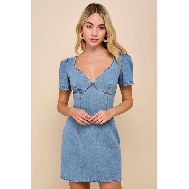 

Экспорт Однотонный Лу Дома Элегантный V-образный вырез Высокая талия Стройнящий Повседневный Летний Наряд для работы Джинсовое Платье с коротким рукавом Light blue XS