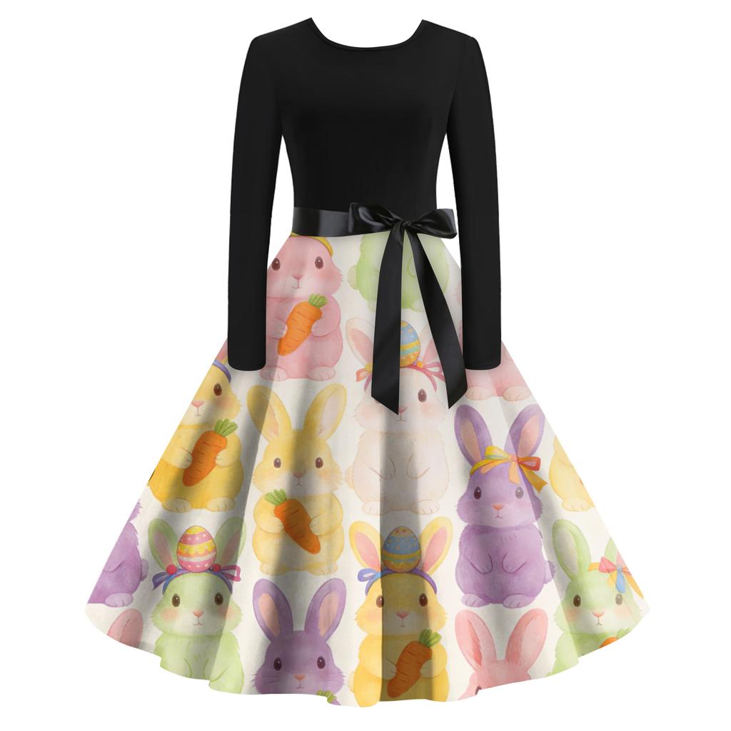Women's Casual Fashion R-neck Long Sleeved Retro Christmas Print Retro Dress