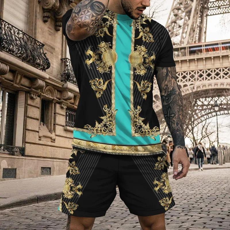 Summer Men's T-Shirt Set Gold Pattern 3D Print T-shirt Shorts 2-piece Set Elegant Casual Clothes Street Baroque T-shirt top