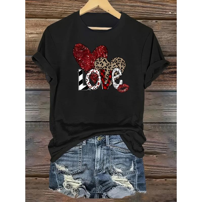 

European Size Women s Casual Short Sleeve T-Shirt - Valentine s Day Leopard Print & Glitter Heart Design with Bold LOVE Lettering 4XL