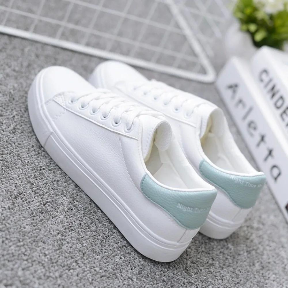Women's Fashion Breathable Vulcanized Shoes PU Leather Platform White Lace Up Casual Sneakers  Mujer