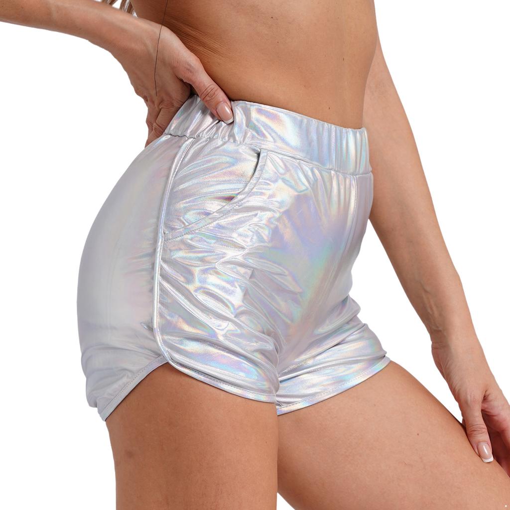 Shorts de Booty Métalliques Brillants pour Femmes Taille Élastique Poches Latérales Shorts Rave