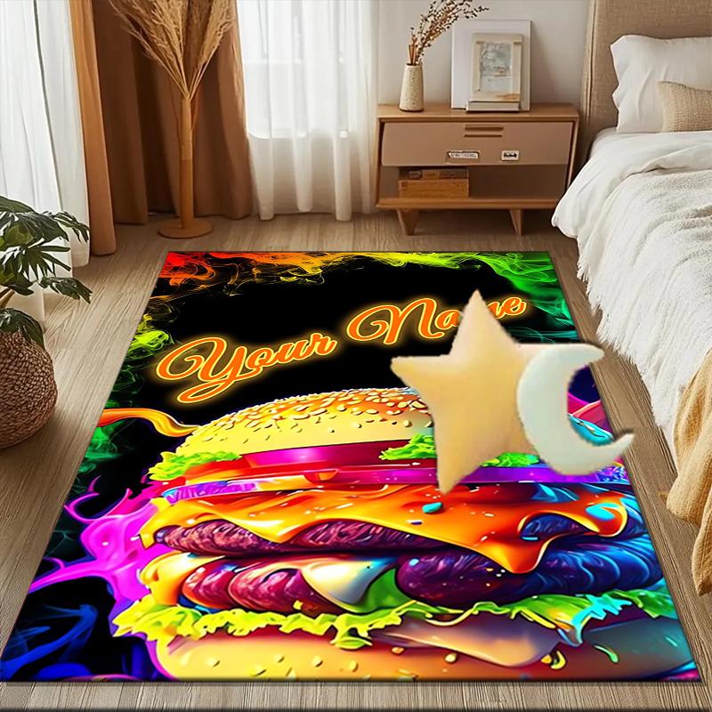 1PC Custom Name Neon Burger Delight Theme Floor Mat Ideal for Living Room, Game Rooms, Office, Bedroom, Floor Mat Playful Design