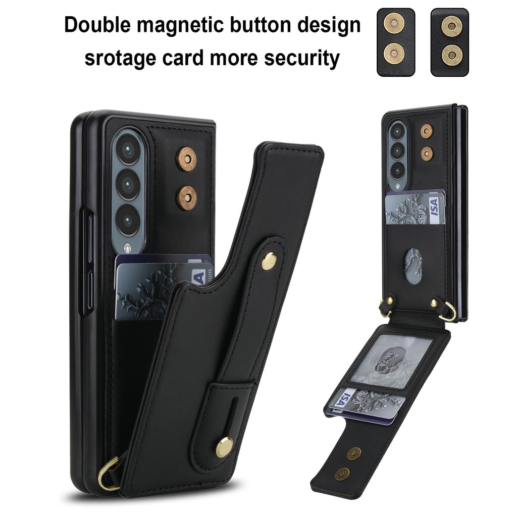 For Samsung Galaxy Z Fold4 5G Case Kickstand Card Slots Leather Coated TPU Cover with Shoulder Strap