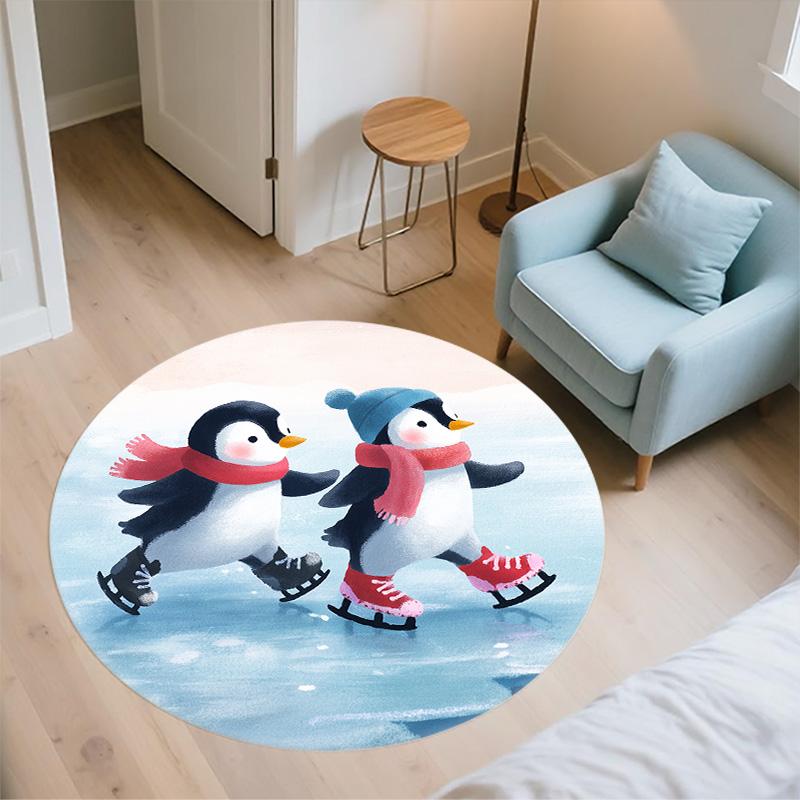 Snowy Day Penguin,Round Area Rug,Carpet Rug for Living Room Bedroom Sofa Playroom Decor,Non-slip Floor Mat